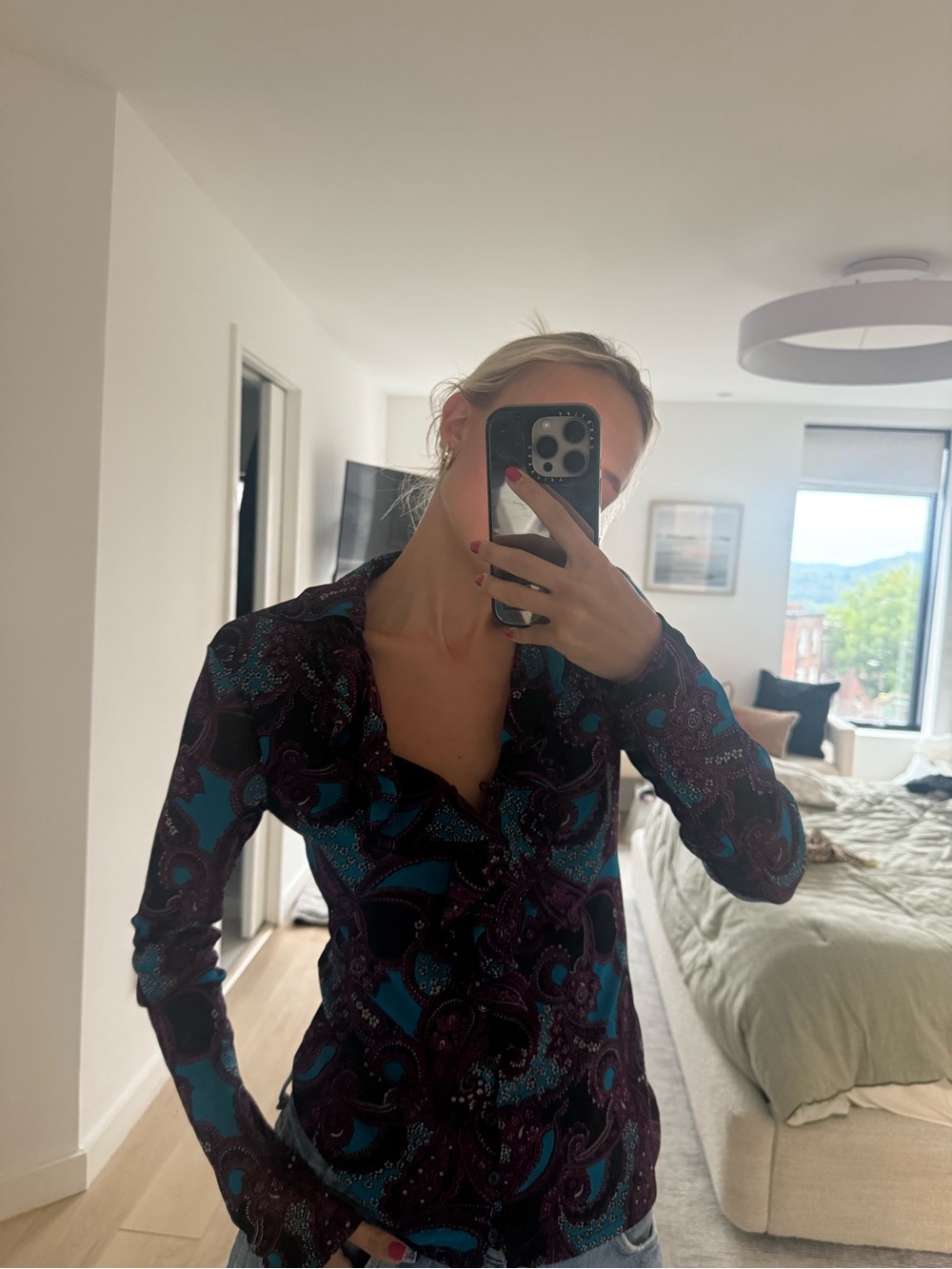 Y2K INC Teal & Purple Paisley Long-Sleeve Blouse
